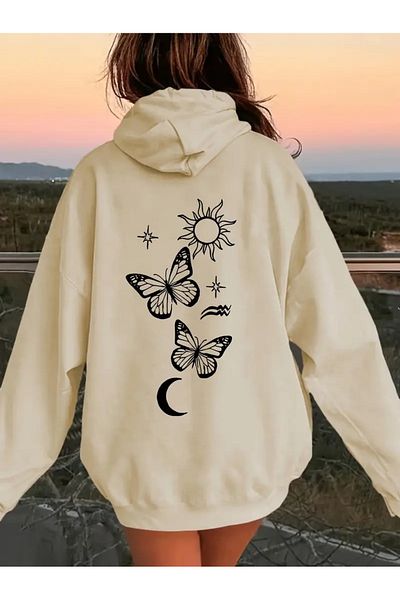 PALPİTO Beige Women's Hoodie - Sun Moon Print, 3 Thread Hooded Sweatshirt