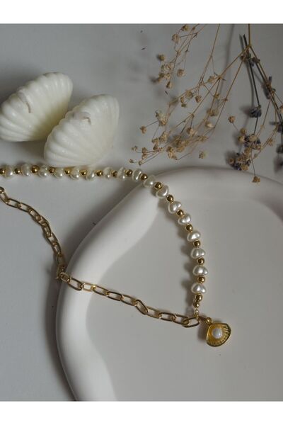 Vola Collection Handmade Pirinç Üzeri Altın Kaplama Incili Istiridye Kadın Kolye - Golden Pearl Sevgiliye Hediye