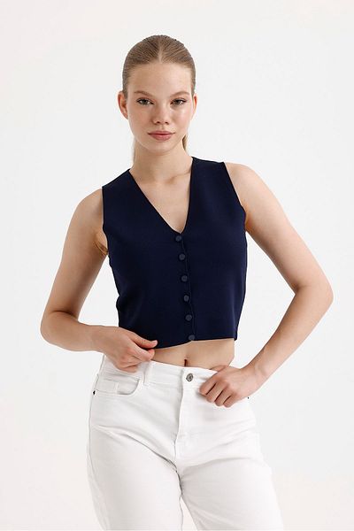 fujya Women's V-Neck Navy Blue Knitwear Vest with Snap Fasteners