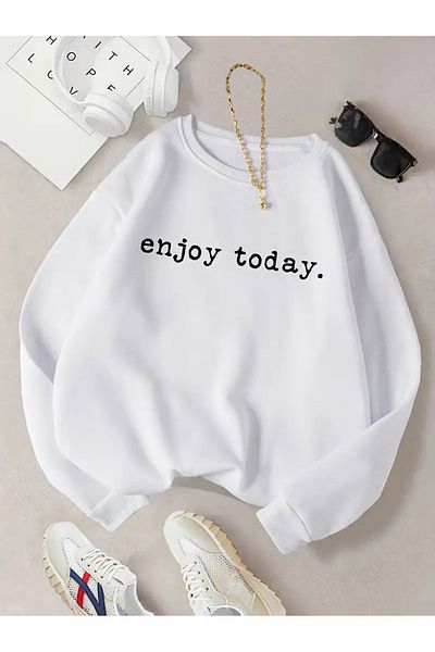 PALPİTO White Oversize Sweatshirt - Enjoy Today Printed, Crew Neck