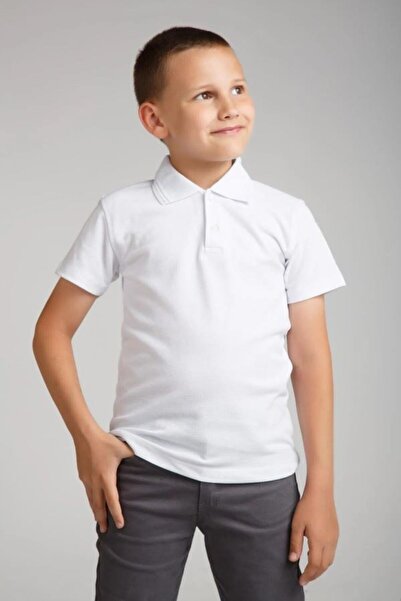 TODI Tricou alb cu guler polo 100% bumbac cu mânecă scurtă pentru școală