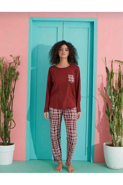 Olivia Claret Red Silk Milan Fabric - Long Sleeve Women's Pajama Set
