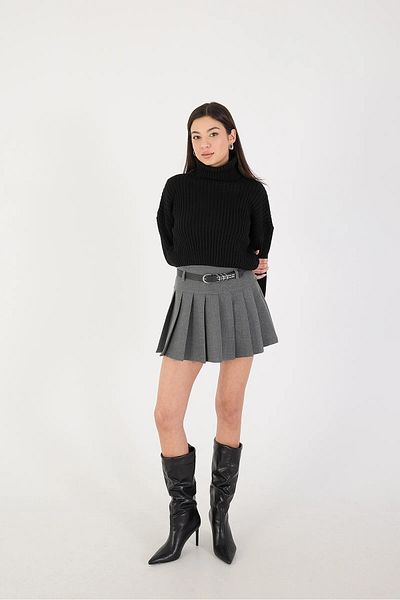 İKLİM LİFE Gray Mini Pleated Belted Skirt