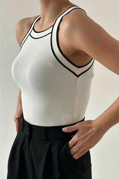 IŞILDA FASHION Women's Clothing Black Striped Halter Neck Knitted Blouse