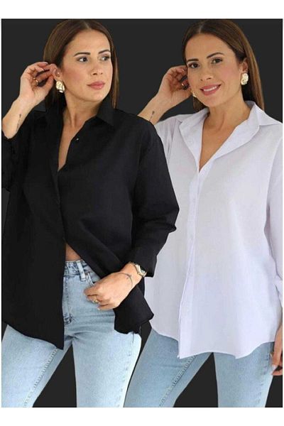 IŞILDA FASHION Îmbrăcăminte pentru femei Basic Negru Alb Cămașă cu mânecă lungă supradimensionată din 2 piese