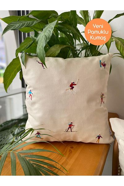 RahanDesign Cotton Embroidered Ski Patterned Throw Pillow Cover - 43*43cm
