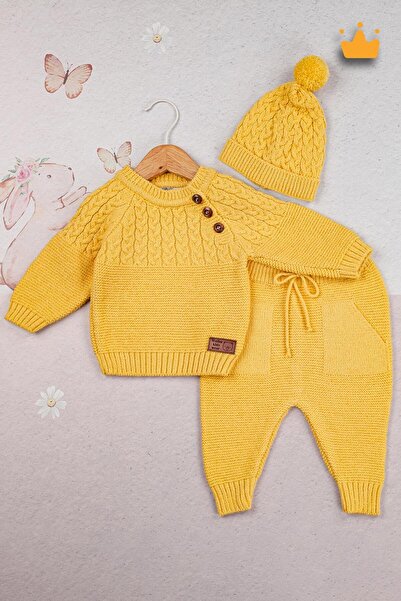 Babyhola Triko Kazak Pantolon Ponpon Şapkalı Kız Erkek Bebek Takım 2791