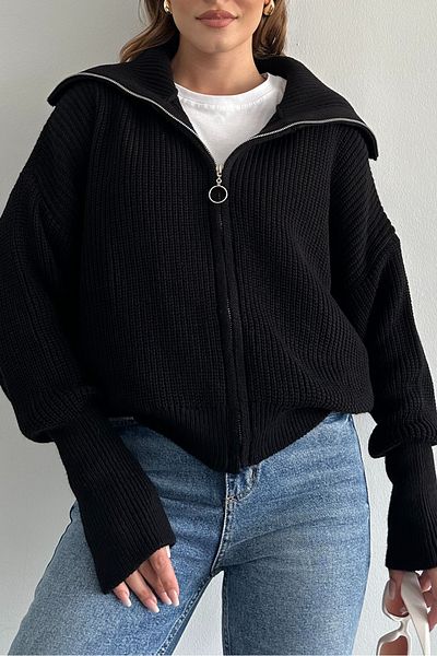 macharel jeans Μαύρη πλεκτή ζακέτα με γιακά με φερμουάρ