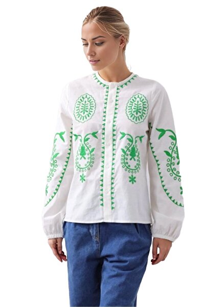 Cassime Біла бавовняна блуза з зеленим вишиванням - Жіноча