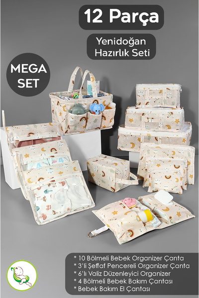 Meleni Baby 12'li Yenidoğan Hastane Çıkış Seti - Anne Bebek Bakım Alt Açma Çantası - Valiz Düzenleyici Organizer
