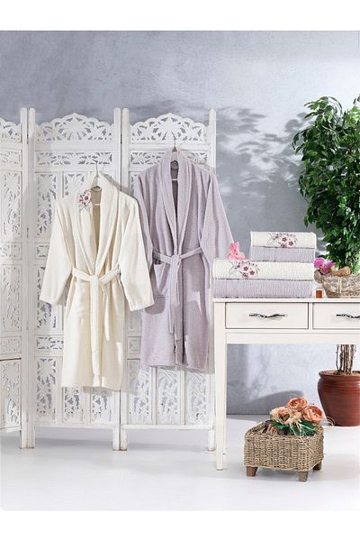 ELVİRAHOME 100% Cotton 3D Embroidery 6 Piece Family Bathrobe Set, Bathrobe Set, Dowry Set