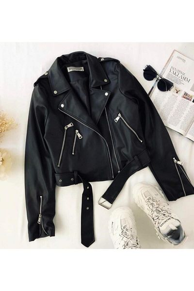 IŞILDA FASHION Schwarze Ledermanteljacke für Damen mit Gürtel
