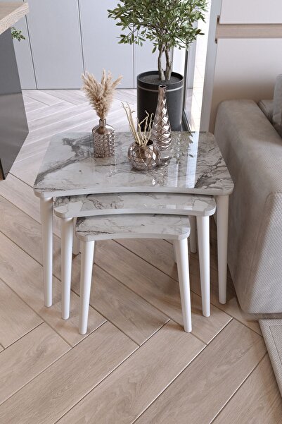 Zuesse Dizayn Beyza 3lü Zigon Sehpa & Yan Sehpa Beyaz Ahşap Ayaklı Salon Seti...