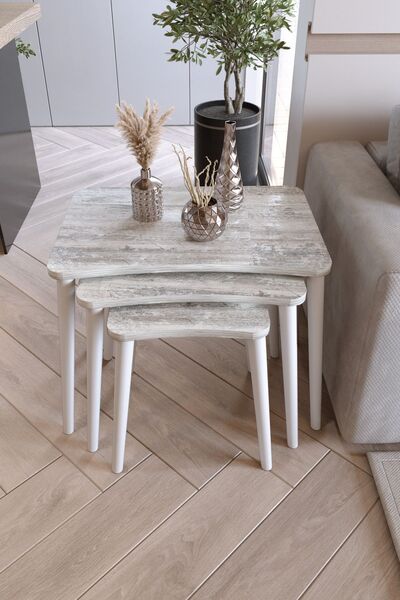 Zuesse Dizayn Beyza 3lü Zigon Sehpa & Yan Sehpa Beyaz Ahşap Ayaklı Salon Seti Çay Sehpası - Kristal