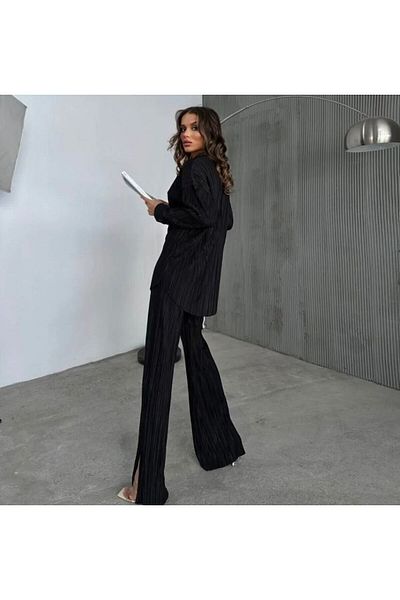 TUNİK Women's Black Long Turnic Shirt & Waist Elastic Wide Leg Pants Wrap Suit
