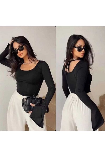 yossun Basic-Crop-Top mit spanischen Ärmeln für Damen