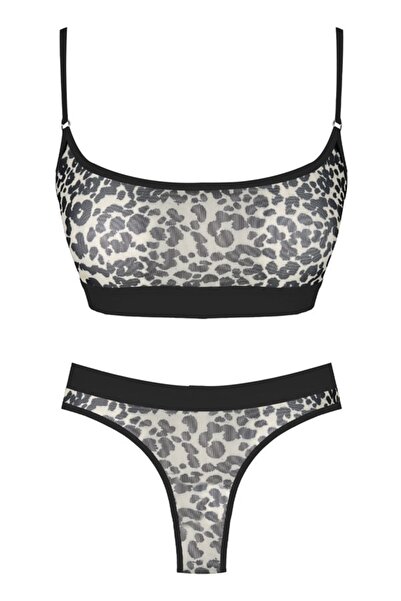 Cottonhill Transparent Tulle Women's Bra Set with Leopard Pattern and Adjustable Straps
