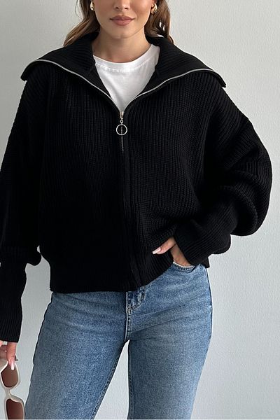 macharel jeans Μαύρη πλεκτή ζακέτα με γιακά με φερμουάρ