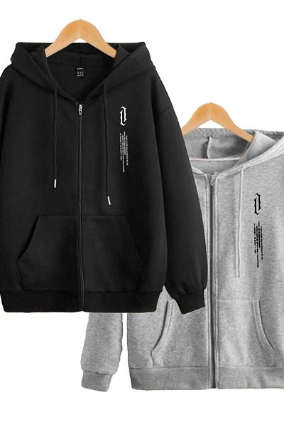 modaberry Imprimeu negru gri - Set de 2 cardiganuri groase cu design vertical, glugă supradimensionată și cardigan de iarnă cu buzunare cu fermoar