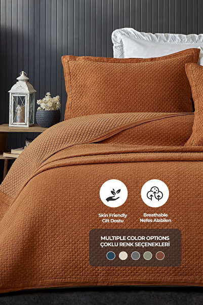 Evlen Home Collection 100% Cotton Double Pique Set Special Stone Washed Bedspread Luxury Soft Vitali Orange