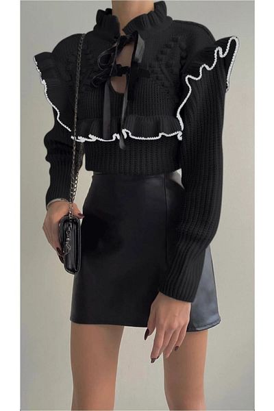 IŞILDA FASHION Pulover cu șireturi cu guler negru