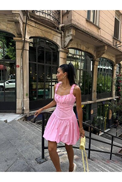 popibutik Balon Etek Kare Yaka Kalın Askılı Poplin Kumaş Mini Pembe Elbise