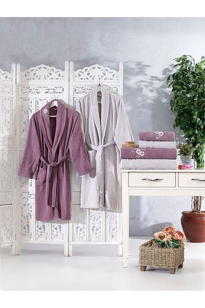 ELVİRAHOME 100% Cotton 3D Embroidery 6 Piece Family Bathrobe Set, Bathrobe Set, Dowry Set