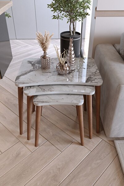 Zuesse Dizayn Reyhan 3lü Zigon Sehpa & Yan Sehpa Ahşap Ayaklı Salon Seti Çay ...