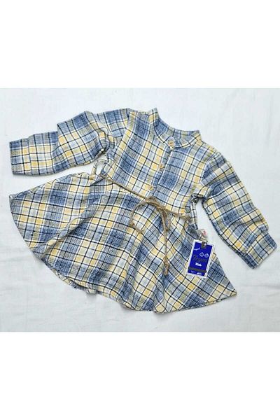 minikiss Țesătură de lemne din bumbac - Rochie pentru fetiță cu mânecă lungă, guler cămașă