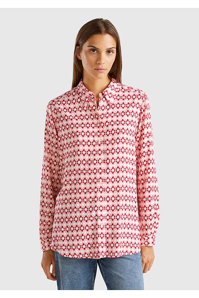 United Colors of Benetton Cămașă de damă 100% vâscoasă cu model roz - mânecă lungă