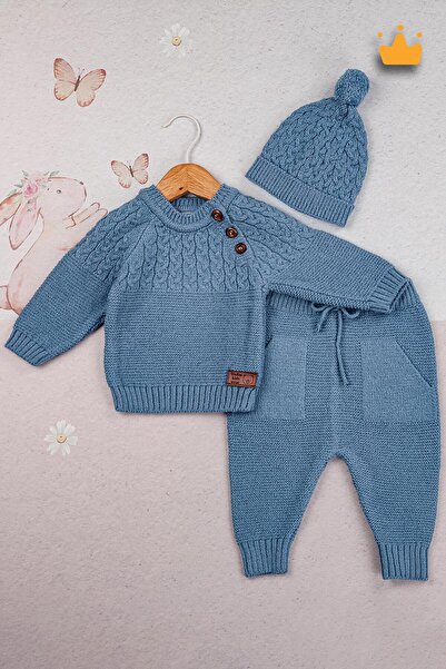 Babyhola Triko Kazak Pantolon Ponpon Şapkalı Kız Erkek Bebek Takım 2791