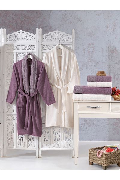 ELVİRAHOME 100% Cotton Lace Laced 6-Piece Family Bathrobe Set, Bathrobe Set, Dowry Set