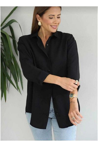 IŞILDA FASHION Îmbrăcăminte pentru femei Basic Negru Alb Cămașă cu mânecă lungă supradimensionată din 2 piese
