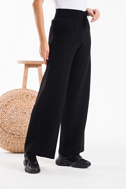 HEPSİKADIN Kadın Siyah Yüksek Bel Rahat Kesim Triko Pantolon