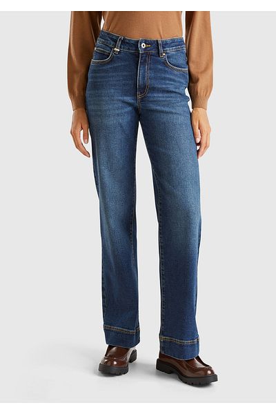 United Colors of Benetton Blue Cotton Blended - Large Women's Denim Trousers with Logo Label