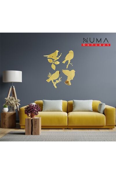 Numa Concept Modern 4'lü Kuş Mdf Üzeri Gold Pleksi Duvar Dekorasyon Lazer Kesim