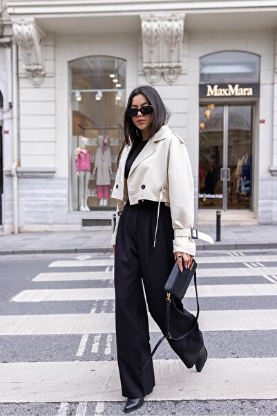 Askı Nişantaşı Black Velcro Waist Clamp Stitching Palazzo Trousers