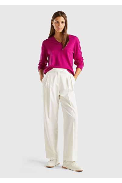 United Colors of Benetton Kadın Krem Viskoz Karışımlı Arkası Kapaklı Cepli Geniş Paça Pantolon