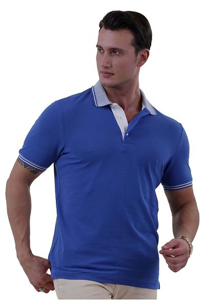 Exve Exclusive Tricou cu mânecă scurtă cu guler polo albastru Saks - Detaliu cu mâneci și guler necontractabil