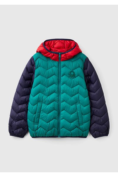 United Colors of Benetton Boy's Green Logo Printed Seasonal Thin Pufa Coat
