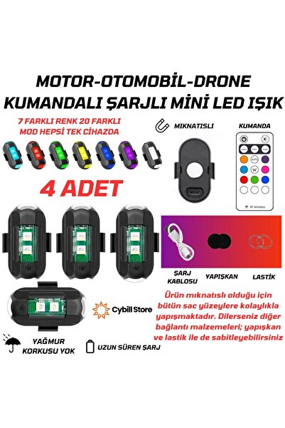 CybillStore KUMANDALI ÇAKARLI ŞARJLI 7 RENK VE 20 MODLU MİNİ LED IŞIK 4 ADET ...