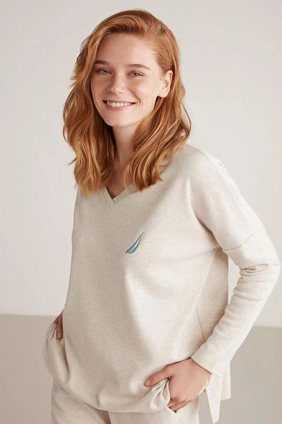 Nautica Nauticay Long Sleeve V-Neck Cotton Muffled Textured Women's Pajamas Set