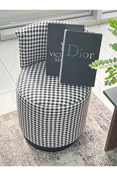Breda Home Concept Lüks Modern Kazayağı Desenli Siyah Detaylı Yuvarlak Silinebilir Kumaşlı Mono Puf