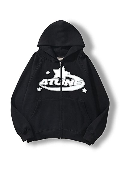 Trendglow 4 Tune Товстий кардиган - Чорний з принтом Літній кардиган оверсайз з капюшоном, на блискавці, з кишенями