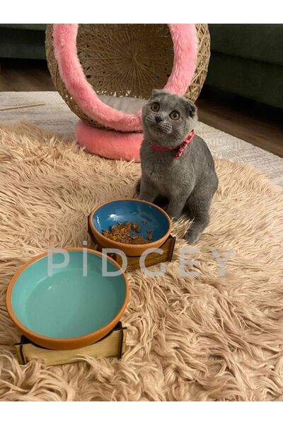 goffin Çömlek Tekli Ahşap Ayaklı Kedi-köpek Mama - Su Kabı 15 Cm