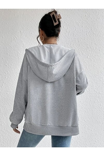 Trendglow Heart Symbol Thick Cardigan - Gray Printed Summer Oversized Hooded Zippered Pocket Cardigan