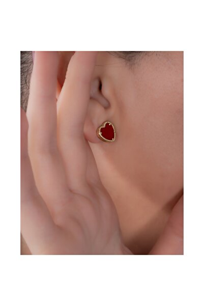 YCL JEWELLERY Sedef Taşlı Kırmızı Altın Kalp Küpe