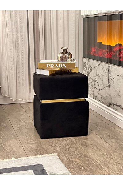 Breda Home Concept Modern Lüx Gold Detaylı Silinebilir Kadife Siyah Puf