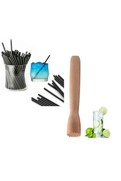 Adin 300 Pieces Short Cocktail Straw - Mojito and Wooden Bar Knocker