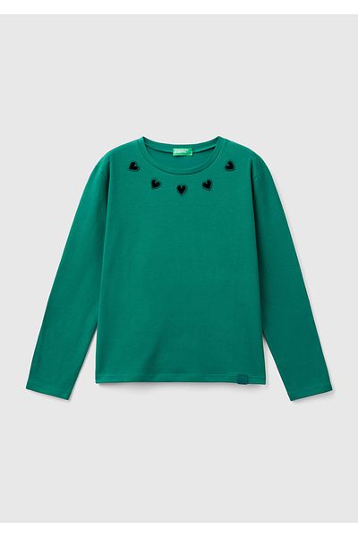 United Colors of Benetton Тениска за момичета с лого в борово зелено - дълъг ръкав, етикет на яка
